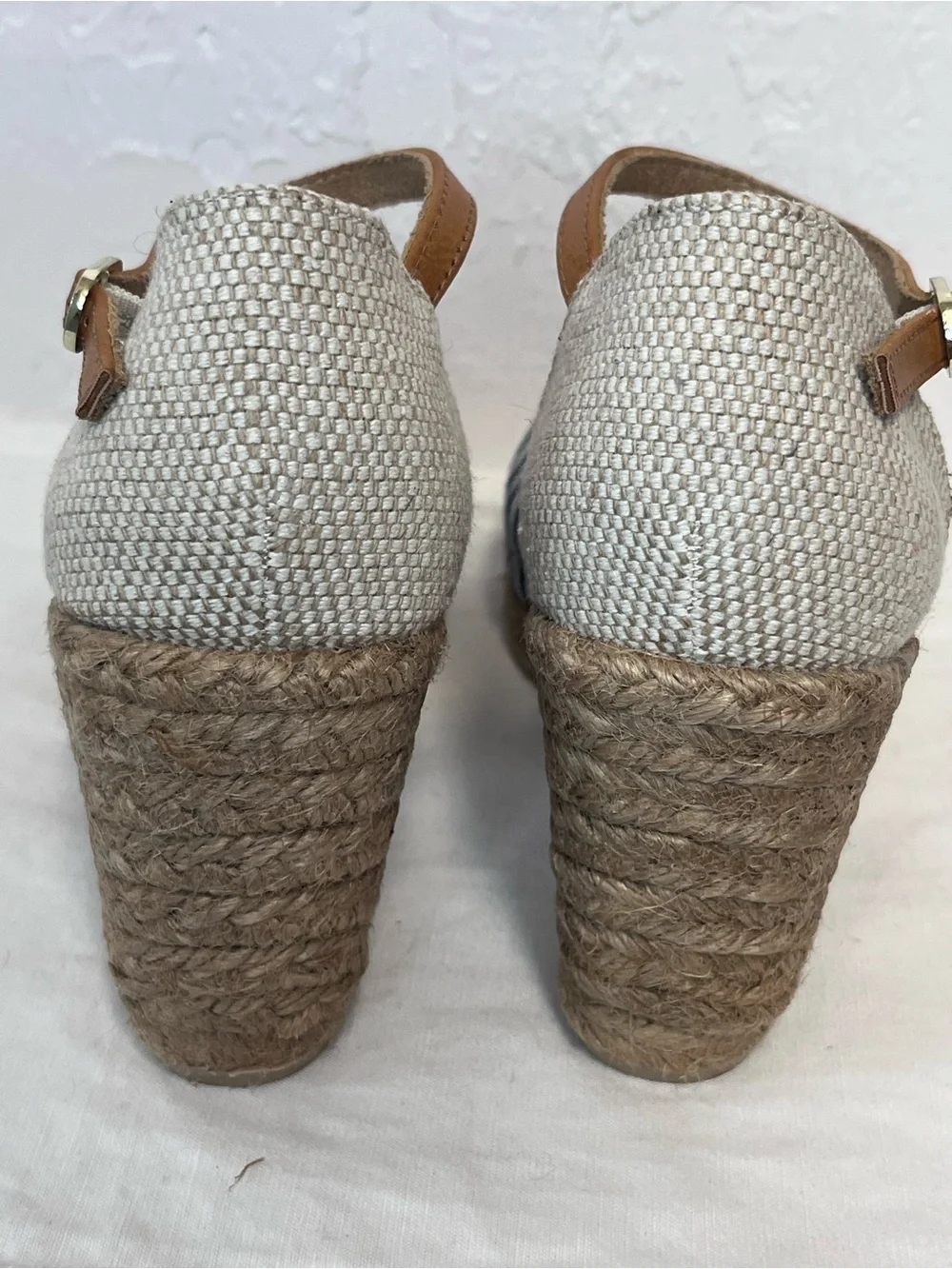 White Mountain Mamba Striped Navy Espadrille Wedge Sandals with Tan Ankle Strap